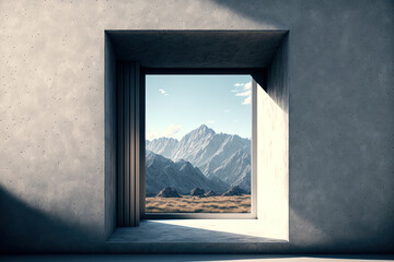 Illustration of a barren concrete room with a big window against a backdrop of nature. Generative AI