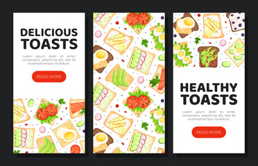 Healthy toasts mobile app templates set. Delicious toasts landing page, card, menu, leaflet, flyer with sandwiches seamless pattern cartoon vector