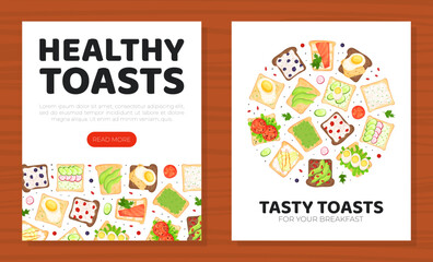 Healthy toasts mobile app templates set. Breakfast menu tasty recipes web banner, card, flyer, invitation cartoon vector