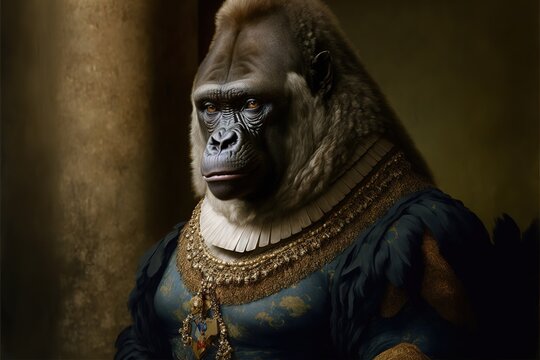 Created with Generative AI technology. portrait of a gorilla in renaissance clothing