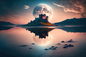 awe inspiring moonscape Wonderland setting Against the setting sun, a lovely island with an old castle is mirrored in the sea. Generative AI