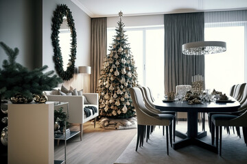 Beautifully decorated Christmas trees in the living area, displayed as a Christmas composition. Generative AI