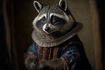 Created with Generative AI technology. portrait of a raccoon in renaissance clothing - obrazy, fototapety, plakaty