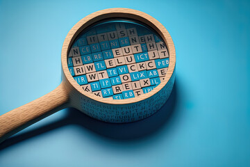 magnifying glass and word search written wooden cubes on blue background search concept. Generative AI