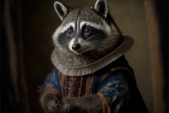 Created with Generative AI technology. portrait of a raccoon in renaissance clothing