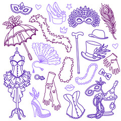 Vintage burlesque style clothes, shoes and accessories. Halloween, Mardi Gras carnival costumes. Hand drawn vector illustration. Outline stroke is not expanded, stroke weight is editable
