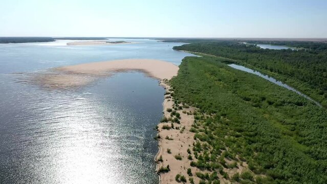 drone takes off the volga river sand bar