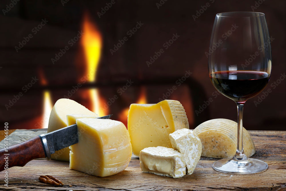 Wall mural red wine with cheese