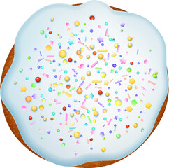 Realistic Easter cake with white glaze and colorful sprinkles. Top view.