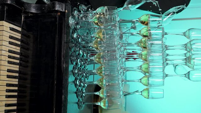 Pyramid of champagne glasses fall at new year Christmas party. Luxury Champagne pyramid on white background. 4k Super slow motion 120 fps video filmed on new Nikon Z9 camera
