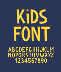 Kids Comic Font. Funny English Alphabet. Cute letters and numbers from 0 to 9.