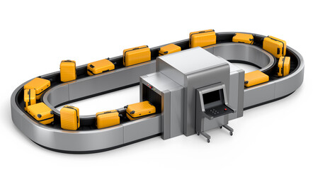 Airport luggage conveyor belt or baggage claim with X-ray scaner and suitcases