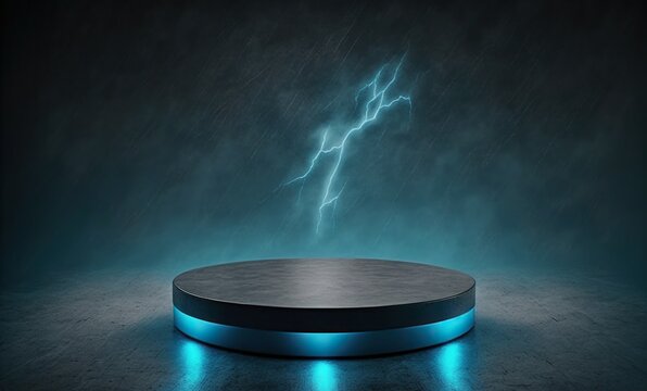  Cyberpunk lightning and rain pedestal for waterproof products display presentation. Neon blue showcase