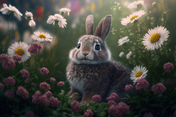 Fototapeta premium Cute little bunny in a field of flowers. Generative AI.