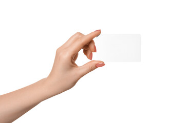 Blank business card or plastic card in a female hand, isolate. Pink nails.