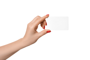 Empty business card or plastic card in female hand, isolate. Red nails.