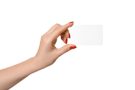 Empty business card or plastic card in female hand, isolate. Red nails.