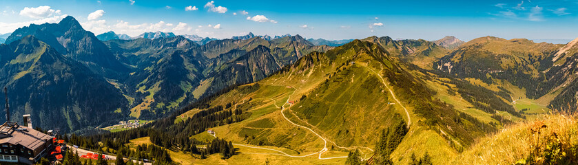 High resolution stitched panorama at the famous Walmendinger Horn summit, Kleinwalsertal valley, Mittelberg, Vorarlberg, Austria