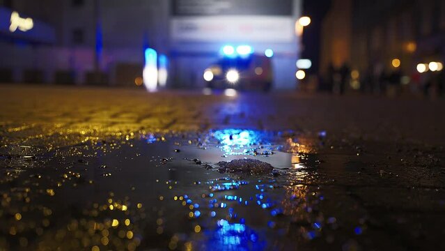 Thin focus: Night shot against a blurry ambulance with turned on flashing emergency siren lights in the rainy background