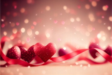 Close up shiny red hearts with red ribbon on a pink white bokeh lights abstract background 2 - the perfect valentine's day symbol, concept, postcard, banner, glitters, copy text space, generative ai