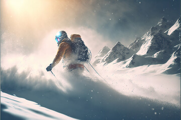 Naklejka na ściany i meble Winter ski extreme. Skier in the mountains.