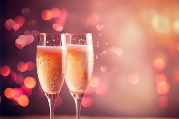 Champagne toast for the Saint Valentine's romantic dinner or wedding , two glasses, shiny red bokeh background, copy text space, generative AI