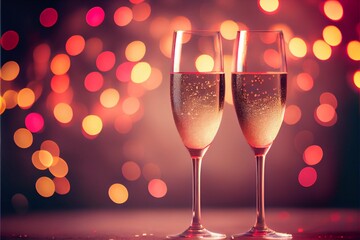 Champagne toast for the Saint Valentine's romantic dinner or wedding , two glasses, shiny red bokeh background, generative AI