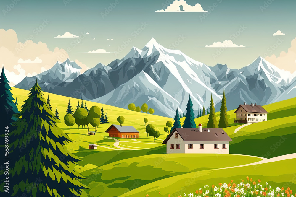 Sticker Mountain range, lush meadows, pastures, and garden in the summertime. Countryside with hills, snow capped peaks, a road, and fruit trees is shown in a cartoon. rural vistas in a valley of mount