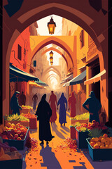 Vibrant street market in Marrakech. The sights, sounds, and smells of this Moroccan bazaar are a feast for the senses. Generative Ai illustration in vector style. - 558769988