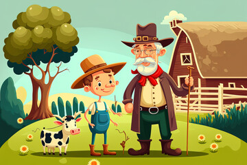 Daytime agricultural scene with an elderly farmer and farm animals. Generative AI