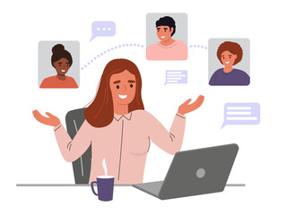The girl is sitting at her laptop, communicating online with colleagues, students. Freelance work, remote study, communication. Vector graphics.