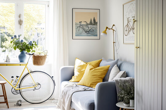 A yellow and blue picture hangs on a white wall in a light filled living room that also has a grey cabinet, a gold lamp, a sofa with pillows and a blanket, and a bike parked beneath a window with shad