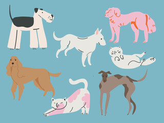 Cute dogs and cats doodle vector set. Cartoon dogs and cats characters design collection with flat color in different poses. Carton design. All ellements is isolated 