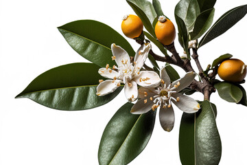 Neroli flower Orange blossom. Isolated on white, an orange tree with white blossoms and buds. Generative AI