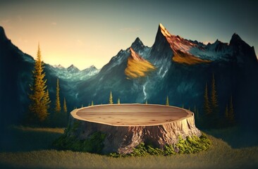 A wooden stump as a pedestal for displaying camping goods. Showcase in the mountains landscape with a fir trees