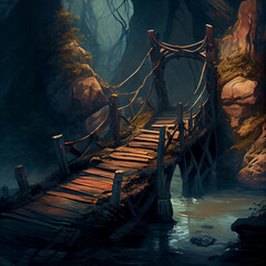 Old wooden bridge in a foggy fantasy landscape - generative ai