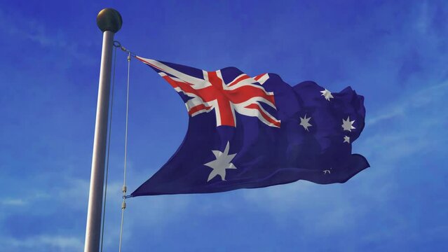 Australia Flag Waving in the sky - Blue Sky with Australian Flag - 3D Render Animated flag