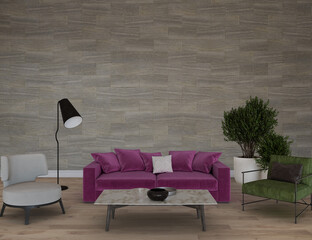 Modern living room with purple sofa