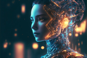 Portrait of a female cyborg robot. Wires and circuits. Concept for Artififial Intelligence. Designed using Generative AI