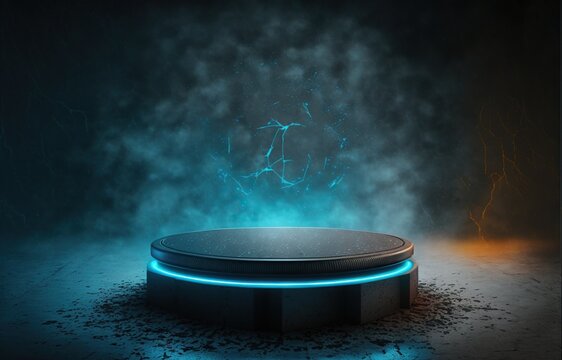  Cyberpunk lightning and rain pedestal for waterproof products display presentation. Neon blue showcase