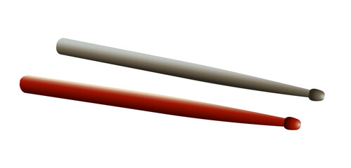 Wooden drum sticks, drum musical instrument element, gray and red colors