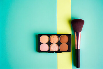 Lidschatten palette und make-up Pinsel isoliert auf pastellfarbenen Hintergrund