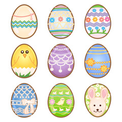 Spring festive set for the Easter holiday of decorative eggs in the form of a chicken, hares and decorative ornaments