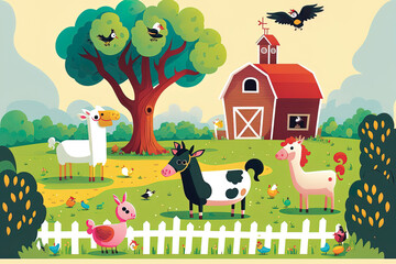 artwork of charming cartoon farm animals on a summer meadow. cattle, pigs, sheep, and horses are farm animals. Chicken, turkey, geese, and ducks from a ranch. Animals on a farm grazing outside