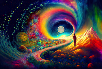 Follow your path, look at your target, colorful mindset for success and happiness, fantasy galaxy, cosmos, spirituality, esoteric, mindset, illustration, generative ai