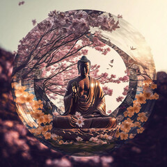 Buddha statue with cherry blossom. Mediation and zen concept. Designed using generative ai.  - obrazy, fototapety, plakaty