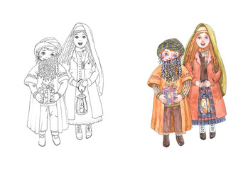 A girl and a boy in Christmas costumes of a magician and a shepherdess sing a Christmas song. Watercolor art in vintage style on a white background.