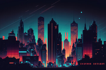 Cityscape of a modern city at night, cartoon illustration. Generative AI