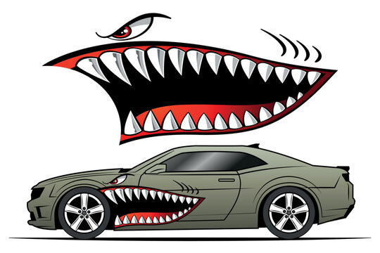 Flying Tigers bomber plane vector graphic angry shark teeth shark jaws race car decal vehicle decoration vinyl sticker
