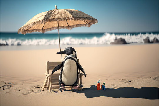 adorable penguin in sunglasses on the beach with beach umbrella